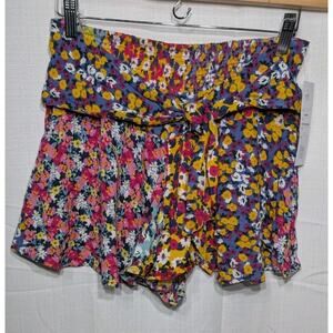 Patrons Of Peace Women's Ditsy Floral Wildflower Shorts L Tie Boho Smocked Waist